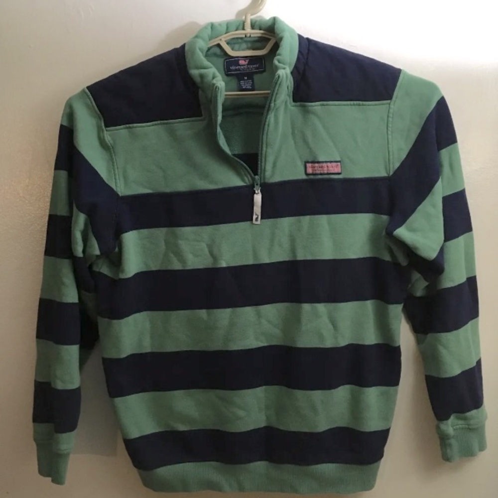 Vineyard Vines Mens 1/4 Zip Medium Pullover Shirt Green/Blue Striped 100% Cotton